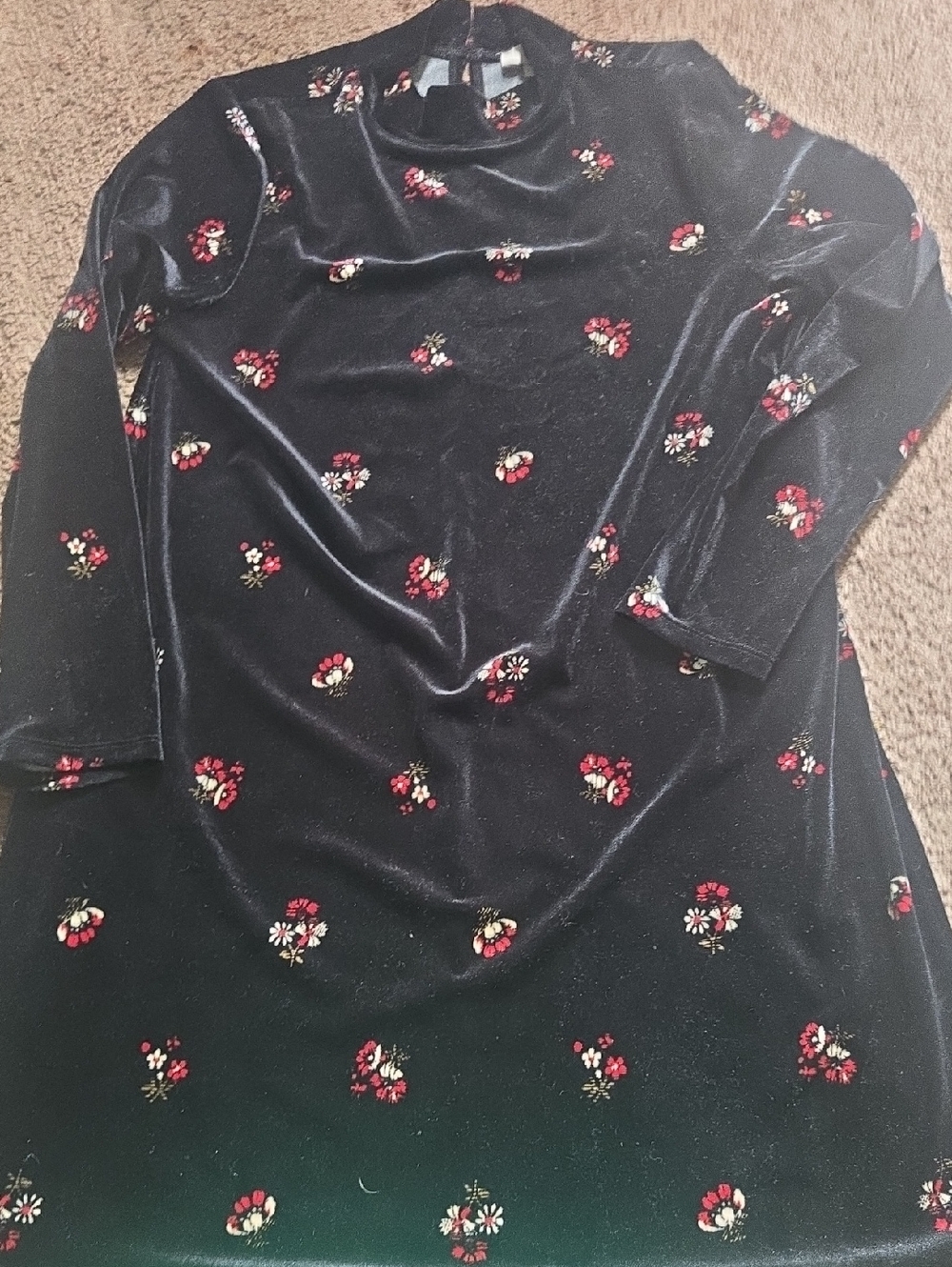 LOFT Black Velvet Dress with Red and Cream Floral Accents Mock Neck 💫